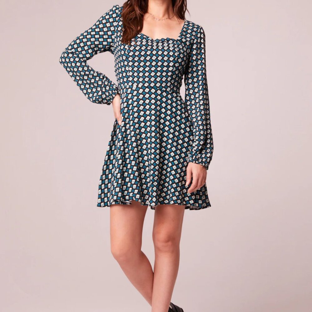 BAND OF THE FREE, BOG, Mini Dress Teal Diamond Pattern Vintage Seventies Style